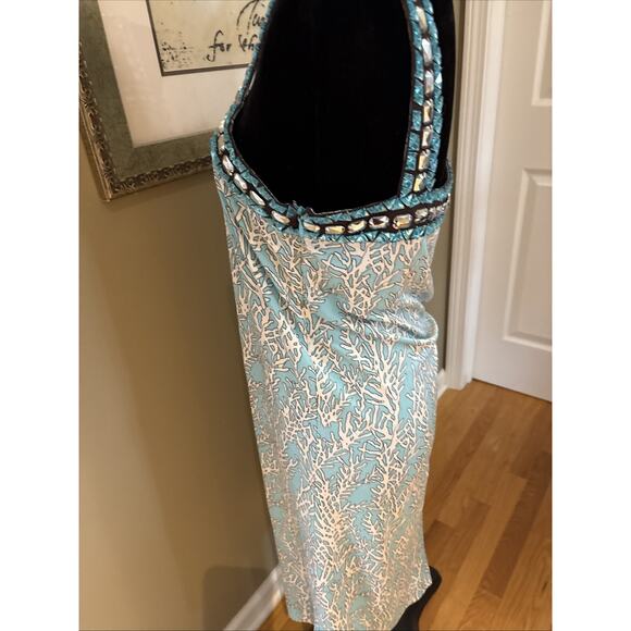 TORY BURCH Print sea coral turquoise blue beaded neckline silk knit midi sz M - Picture 5 of 9
